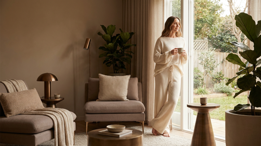 Calm Perth woman considering EMS body sculpting, warm coffee-and-cream women's wellness setting
