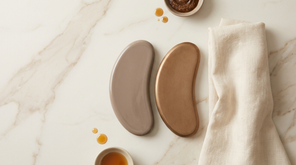 Minimalist flat-lay of two body-treatment applicator pads on cream marble, comparing EMS body sculpting and CoolSculpting at a women's clinic in Perth