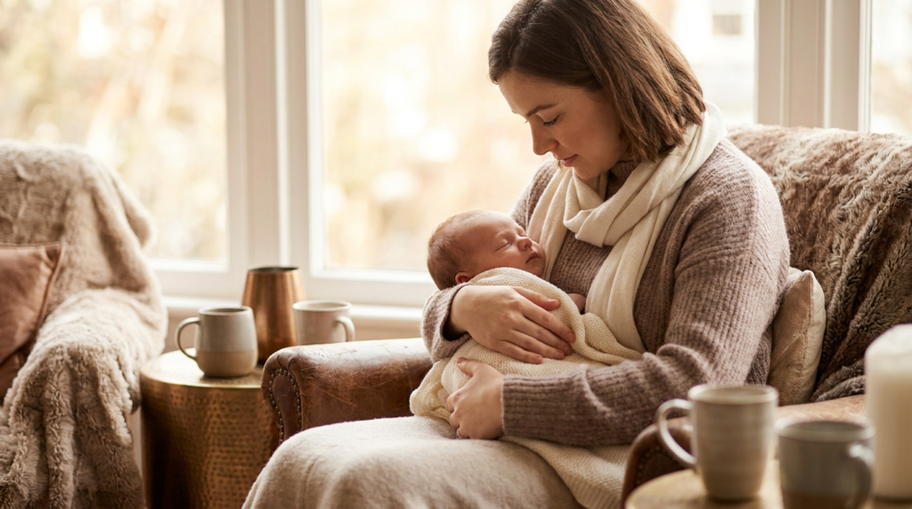New mother relaxing calmly at a Perth women's wellness clinic, reassured about leaking urine and pelvic floor recovery after childbirth