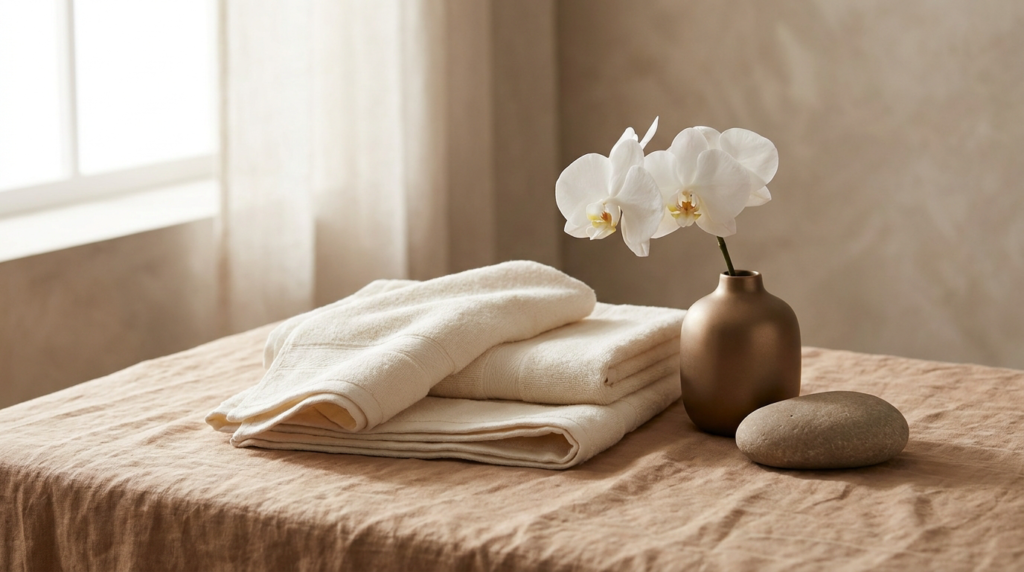 Serene coffee-and-cream still life of folded towels and a white orchid, representing V-Tone pelvic floor treatment for women in Perth