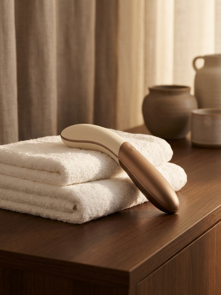 Smooth cream and bronze wellness device on folded white towels, V-Tone at Athena Wellness, Perth